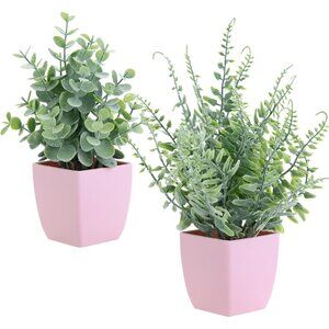 2 Pack Small Fake Plants in Pink Pot Artificial Plant Eucalyptus Faux Potted Gre